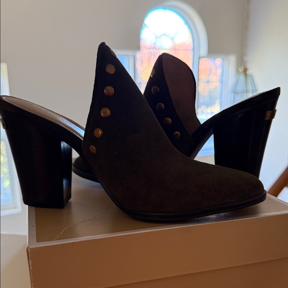 Michael Kors Black Suede Mules with Gold Studs